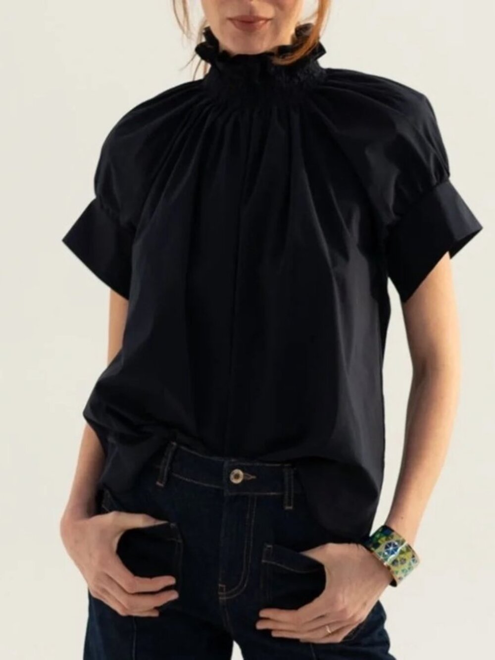 Monica Nera Franka Top Black Ruffled Neck Puff-Sleeve Top Sz Medium - Picture 2 of 5